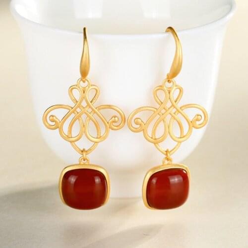 Natural South Red Agate Eardrops Ladies S925 Sterling Silver Gold Plated New Chinese Style Retro National Style Egg Noodles Earr