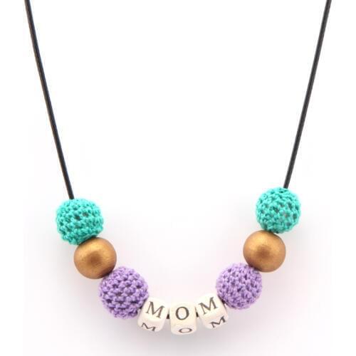 SANSHOOR Nursing Wood Necklace Mom Baby Dice Chew Crochet Wooden Alphabet Beads with 80cm adjustable rope chain