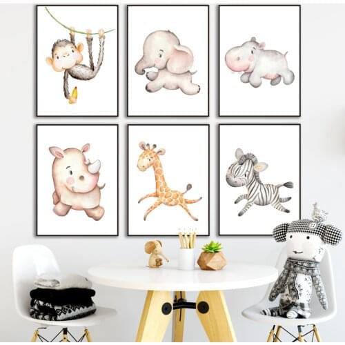 Elephant Giraffe Lion Zebra Monkey Hippo Nursery Wall Art Print Canvas Painting Nordic Poster Wall Pictures Baby Kids Room Decor