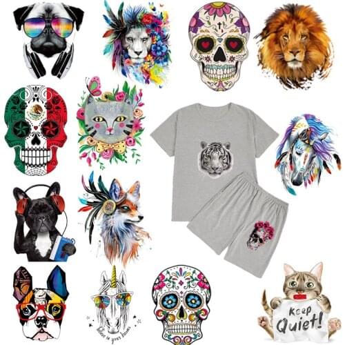 Cartoon Animal Patch Iron on Transfer Sugar Skulls Cat Dog Horse Flower Patches for Kids Girl Clothing T-shirt DIY Heat Press