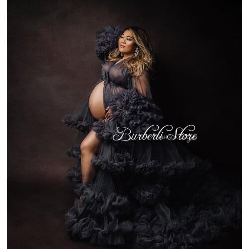 Unique Dark Gray Tiered Tulle Maternity Dreses To Photo Shoot See Thru Flare Sleeves Pregnant Women Dress Long Robes Baby Shower
