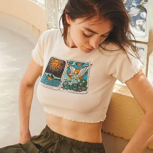 Vintage Y2K Sun Angel Graphic Crop Top Tee 2021 New Female Sexy Slim Short Sleeve Cotton Tshirt Summer Casual T Shirt Women Tops