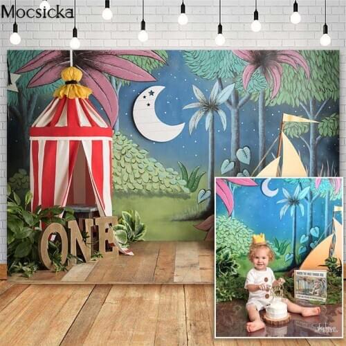 Mocsicka Wild Camping Cake Smash 1st Birthday Photography Backdrops Moon Boat Decor Children Photo Props Studio Booth Background