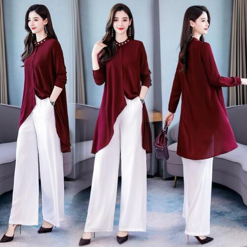 Hot Sale 2019 Women Shirt Cardigan Two Pieces Blouses Elegant Lady Suits Wide Legs Pant Sets