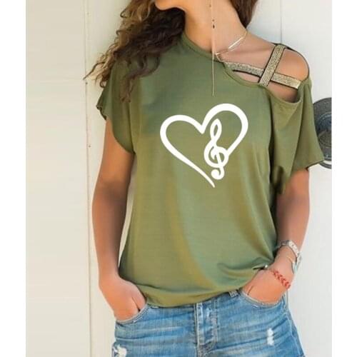 Art Lover Gift Print Loose T-shirt Women Irregular Tshirt Music Note Heart Punk Harajuku Skew Neck Cross Bandage T-shirt