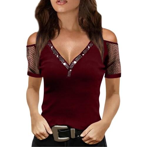 Rhinestone Cold Shoulder Tops For Women Blusas Feminina Verao 2021 Fashion Lace Splicing V-neck Short Sleeve Shirt Blouse Tops
