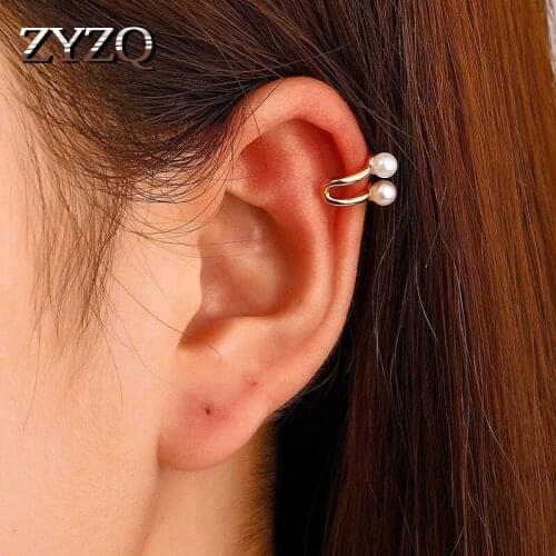 ZYZQ French Double Layer Imitation Pearl Clip Earrings For Women Retro C-shaped Metal Non-hole Stud Earrings Exquisite Gift