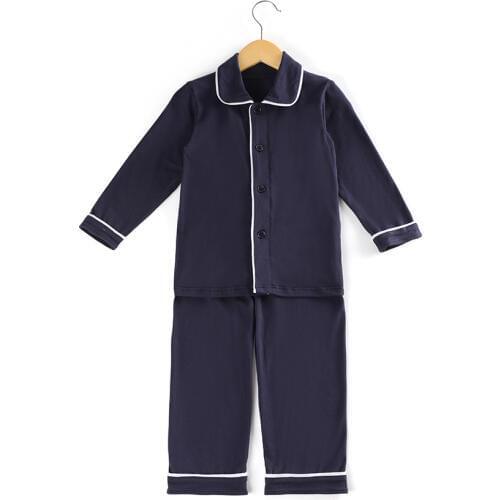100% cotton navy solid color Boys Girls sleepwear button Family Matching Children Christmas Ruffle kids pyjamas
