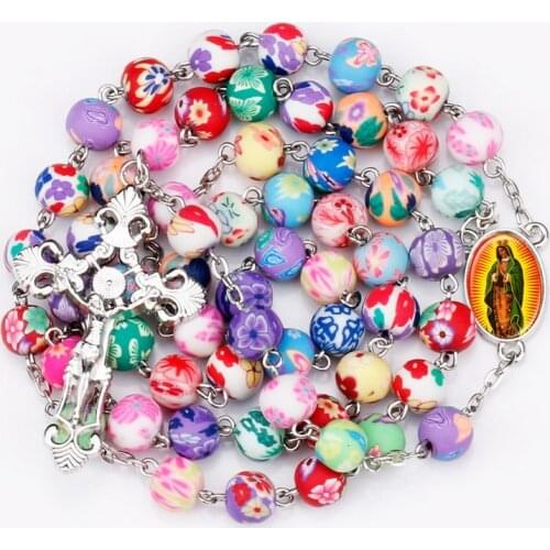 12PCS Colorful Polymer Clay Beads Rosary Necklace Alloy Cross Virgin Mary Centrepieces Christian Catholic Religious Jewelry