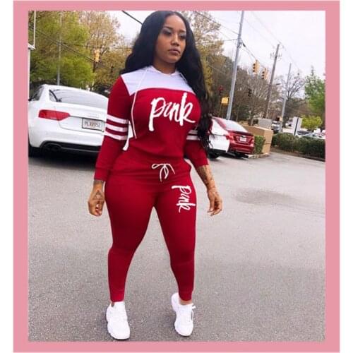 2020 Fashion Pink Letter Print Tracksuits Women Two Piece Set Spring t-shirt Tops and Pants Jogger Set Suits Casual 2pcs Outfits