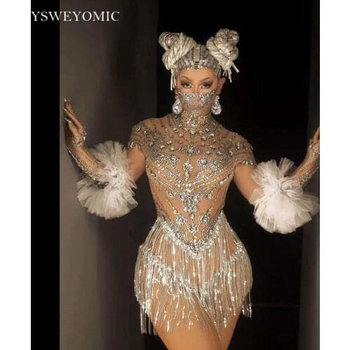 Shining Rhinestone Tassel Dance Dress Gloves Sexy Mesh Perspective Crystal Leotard Singer Dance Stage Wear Birthday Outfit Dress