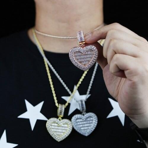 5A cz paved Heart Opened Pendant DIY Photo Charm necklace for Hip Hop Full Iced Out crystal Gold plated tennis chain necklaces