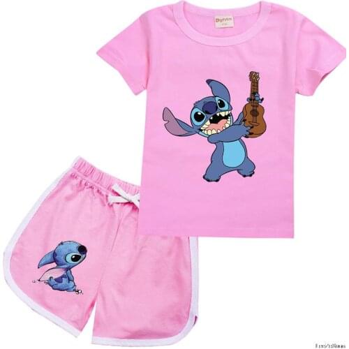 Stitch Childrens Cartoon Clothing Boy Clothes Summer T-shirt + Cotton Shorts 2-piece Girl Print Childrens Clothing Suit