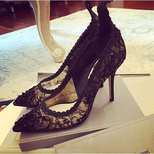 Elegant Lace Women Pumps High Heels Sexy Black Wedding Shoes Women Pointed Toe Elegent Party Shoes