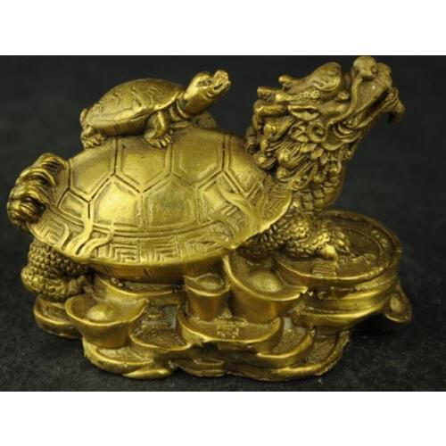 Chinese Copper Carving Dragon Turtle send treasures Rare Statue luck