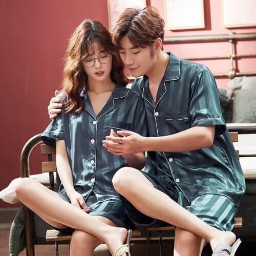 Nightwear 2PCS Pajamas Suit For Couple Satin Casual Nightwear Home Clothing Intimate Lingerie Men And Women Homewear Sleepwear