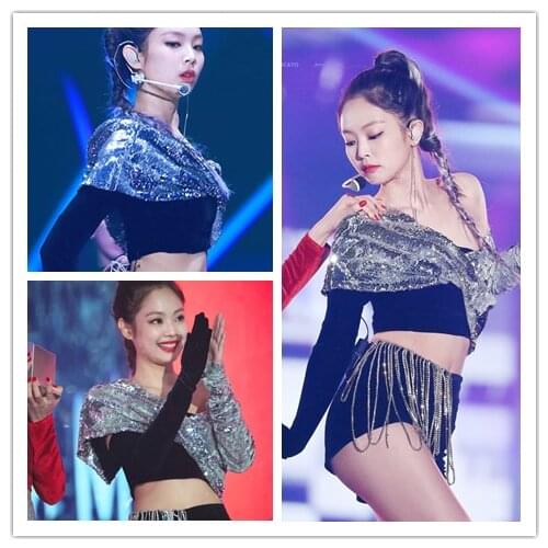 Kpop Korea Dance Show Black Slim Strapless Sequins Velvet T-Shirts Tops And Sexy High Waist Rhinestone Tassel Shorts Women Sets