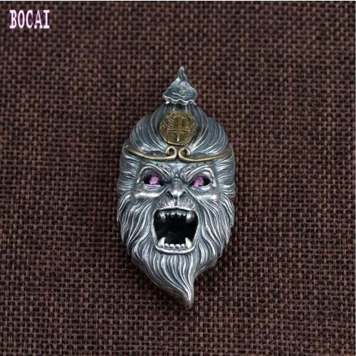 100% real S990 solid sterling silver vintage silver and combination craft pendant double-sided monkey king mens penda