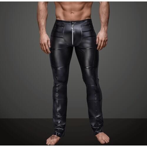 Men Sexy Wetlook Faux Leather Lingerie Exotic Pants PU Latex Catsuit zipper crotch PVC Clubwear gay fetish Pants leggings zentai