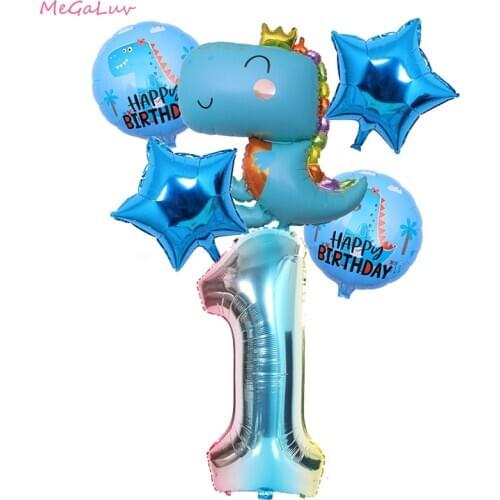 6/5X Dinosaur Foil Balloons Set Round Crown Dinosaur Star Number Balls Baby Shower Birthday Ball Party Decor Supplies Toy Globos