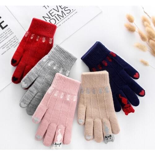 Warm Women Cats Fish Bones Knitted Gloves Full Finger Touch Screen Mittens Gift