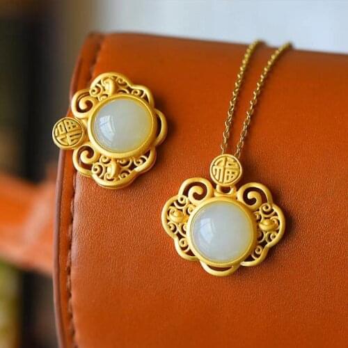 Natural Hetian Jade Fu Lock Pendant Ethnic Style Ruyi Auspicious Peace Longevity Lock Pendant S925 Sterling Silver Necklace for