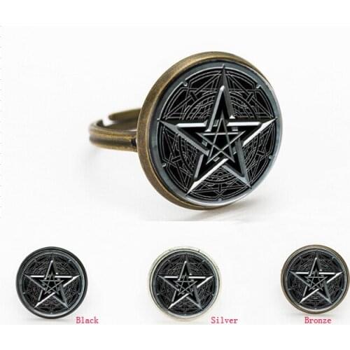SUTEYI 3 colors Black pentagram glass charms personality Wiccan Occult Jewelry gift for send friend adjustable rings