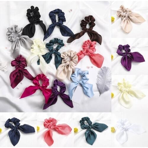 Pure Color Elastic Hair Band Rabbit Ear Bow Hair Rope Satin Ponytail Scrunchie Hair Tie For Women Headband Hair Accessorie