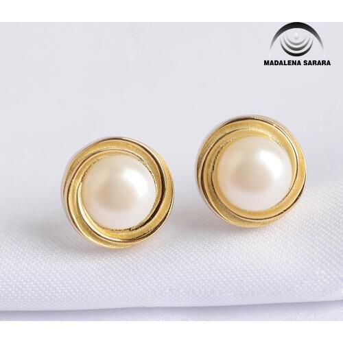 MADALENA SARARA AAA 7-8mm Freshwater Pearl Sterling Silver S925 Earrings Twisted rope winding Style