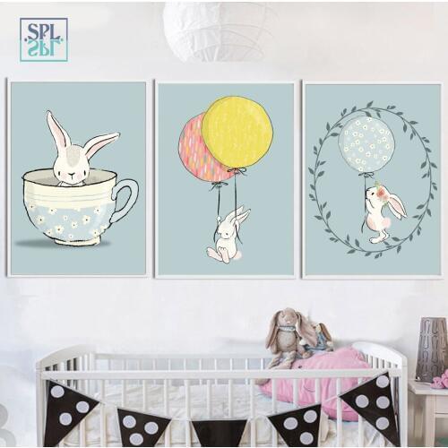 SPLSPL Frameless Balloon Rabbit Wall Art Posters And Picture Nordic Canvas Prints Painting Kids Room Bedroom Decoration