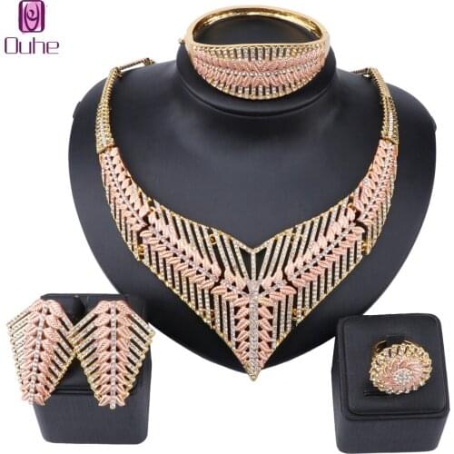 Bridal Dubai Gold Jewelry Sets Crystal Necklace Earring Ring Bangle Nigerian Wedding Party Women Fashion Jewelry Set