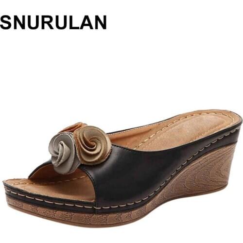 SNURULANSlippers Women Summer Bohemian Flower Heels Plus Size Shoes Woman Summer Elegant Peep Toe Wedge Sandals Slipper