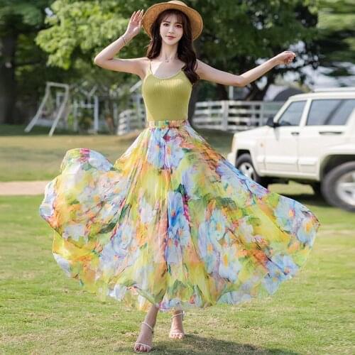 TingYiLi Floral Chiffon Long Maxi Skirts Womens Summer Holiday Bohemian Beach Skirt Korean Style High Waist Elegant Swing Skirt