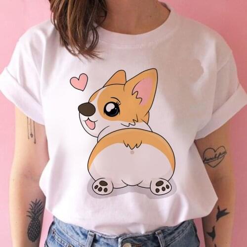 Womens T-shirt 90s Ulzzang Harajuku Graphic Funny Cartoon Buccal dog Print T-shirt O Neck Casual Womens Top T-shirt
