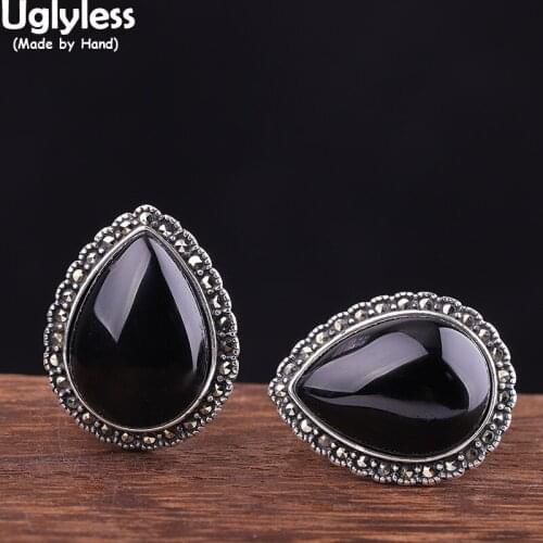 Uglyless Rare Black Agate Earrings for Women Cool Evening Dress Jewelry 925 Silver Thai Silver Marcasite Brincos Bijoux Gemstone