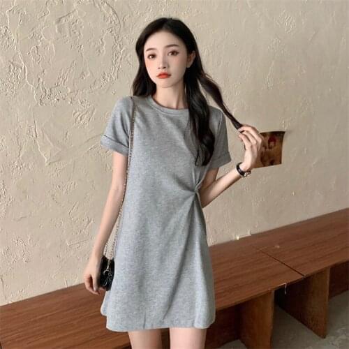 Casual Style 2021 Woman Dress Summer Korean Female Clothes Fashion O-neck Loose Short Dresses Black Gray Pink Ladies New