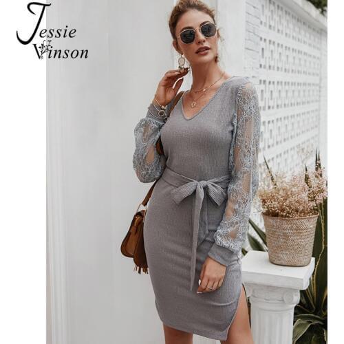 Jessie Vinson Long Sleeve Lace Knitted Sweater Dress Women Lace Sleeve Belted Split Knitted Dress Autumn Winter Elegant Dresses