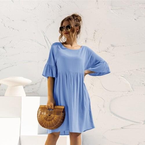 Summer New O-neck Flare Short Sleeve Loose Dress Women Solid Casual High Waist Pockets Elegant Sweet Black Party Vestidos