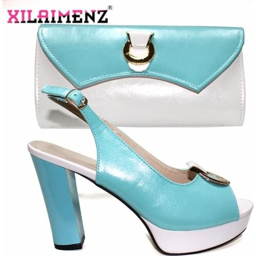 2020 High Quality Metal buckle African Women Shoes and Bag to Match Italian Design Christmas Party Set in Sky Blue with White