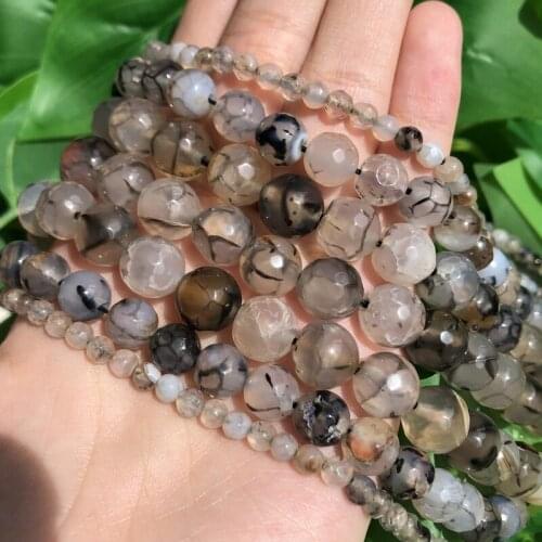 4 6 8 10 12mm 15'' Natural Stone Faceted Grey Dragon Pattern Agate Round Loose Beads for Jewelry Making Handmade Diy Necklace