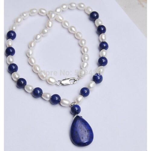 7-8MM White Akoya Pearl & Lapis Lazuli Pendant Necklace 18"