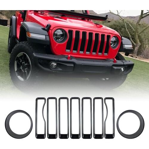 Car 7pcs Mesh Grille Grill Insert and 2pcs Headlight Cover Trim for Jeep Wrangler JL 2018 Accessories ABS Silver Black Red
