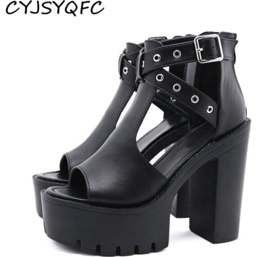 CYJSYQFC Fashion Women Sandals Summer Platform Shoes Punk Style Metal Decor Sexy High Heels Sandals Black Leather High Quality