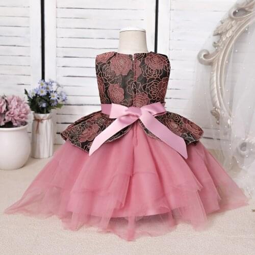 Baby Sleeveless Dress Multi-layer Mesh Stitching, Bow Waistband Flower Print Princess Costume Childrens Clothing