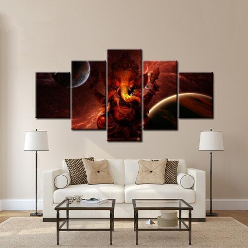Hindu God Ganesha with Planetary Wall Art Canvas Painting 5 Piece Modular Painting Wallpapers Poster Print for living room Decor