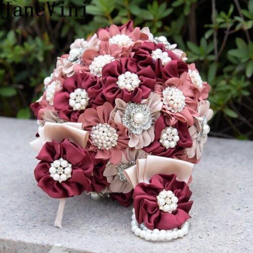 JaneVini Western Style Burgundy Bride Bouquet with Crystal Pearl Rhinestone Bridal Wedding Bouquets Boutonniere Brooch Flowers