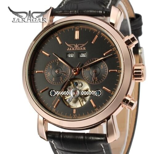 Jaragar Mens Mechanical Watch Tourbillon Automatic Complete Full Calendar Black Genuine Leather Top Brand Luxury Clock Steampunk
