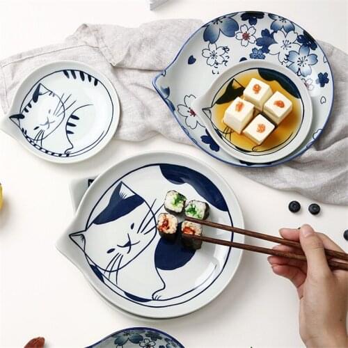 Japanese Style Ceramic Dessert Sauce Dish Tableware Creative Cute Cartoon Lucky Cat Pattern Water Drop Shape Fruit Sushi Plates