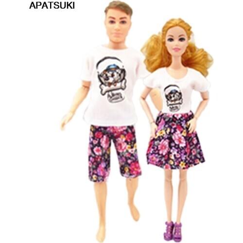 2sets/lot Couple Lover Casual Wear for Barbie Doll Outfits Top Shirts Floral Shorts Pants Clothes for Ken Boy Doll Accessories
