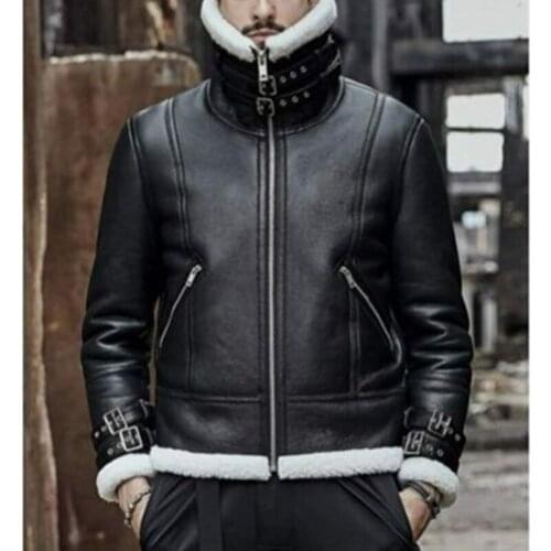 Lugentolo Faux Leather Fur Coat Mens Winter Fashion Bomber Jacket Plus Size Full Sleeve Balck Turn-down Collar Leather Jacket